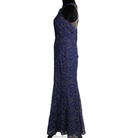 Marchesa Notte Navy Blue & Metallic Gold Lace Beaded Back Trumpet Evening Gown - Picture 4 of 8